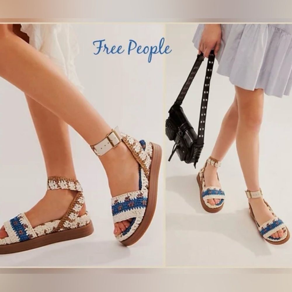Free People Crochet Platform Sandals in White, Blue, Tan